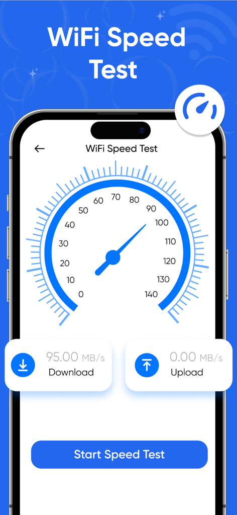 All Router Wifi Admin Setup - A smartphone screen displaying a WiFi speed test interface with a speedometer and metrics for download and upload speeds