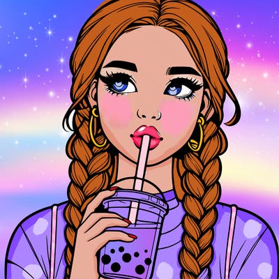 realistic girl with braided hair drinking boba