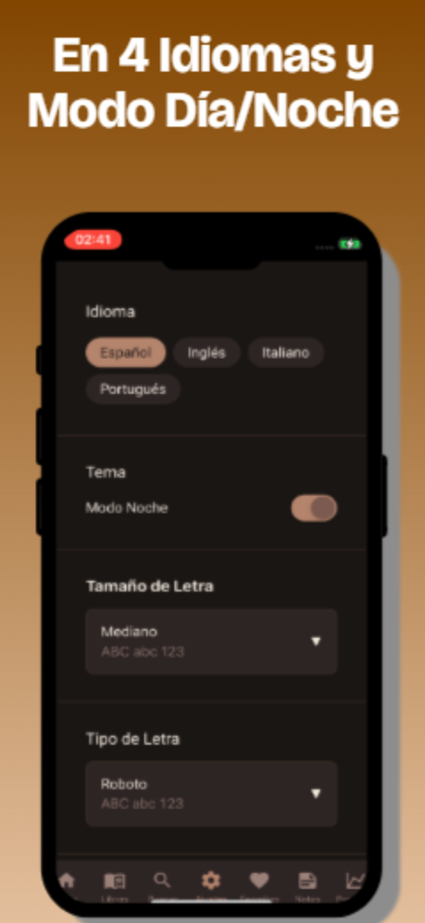Santa Biblia + Audio - Settings interface of the Santa Biblia app showing language selection and night mode toggle