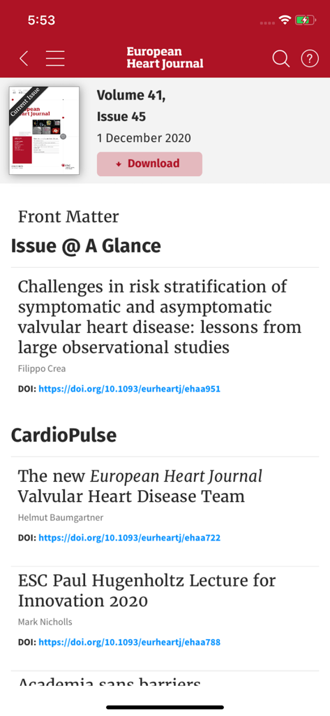 Table of contents preview for the European Heart Journal within the ESC Journals mobile app showing a list of cardiology articles and a download button.