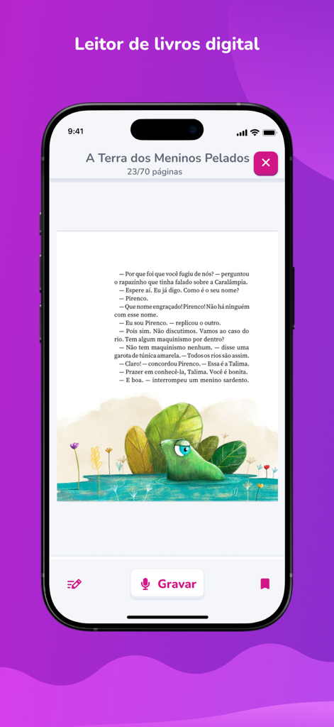 Digital book reader interface in the Elefante Letrado app featuring an illustrated story page.