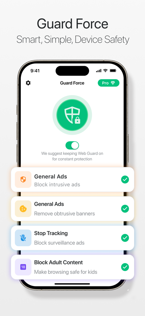 AdBlock for Private Browsing - Guard Force app dashboard displaying ad blocking, tracking prevention, and adult content filtering features on an iPhone.
