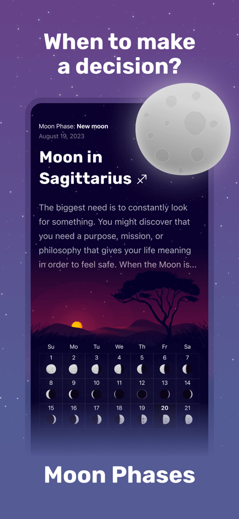 Lunar calendar and moon phase interpretation screen from the Love Lab astrology app