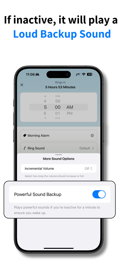 ProAlarm: Mission Alarm Clock - ProAlarm app screenshot showing the powerful sound backup feature for heavy sleepers