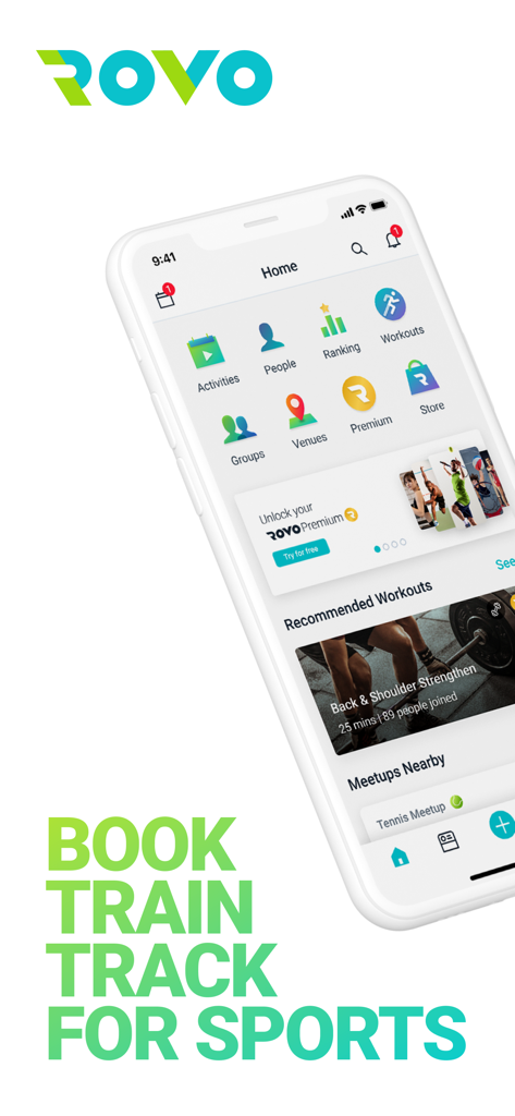 Rovo app interface showing sports activities and fitness tracking features