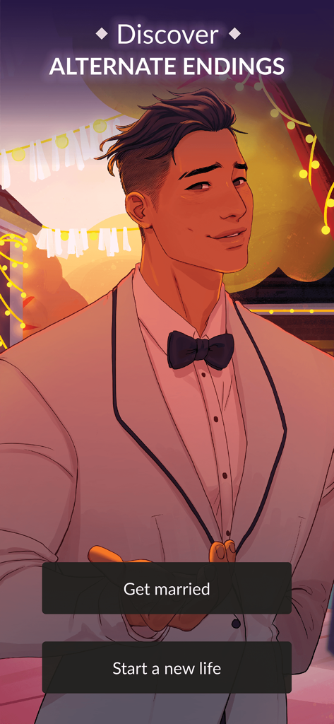 Fictif: Interactive Romance - Fictif gameplay showing a handsome man and story choices for alternate endings