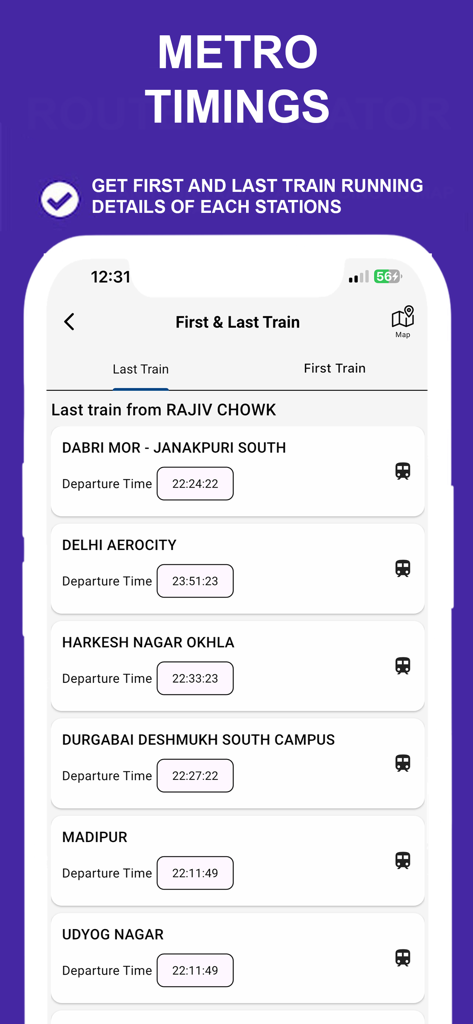 Delhi Metro app interface showing first and last train timings for various stations