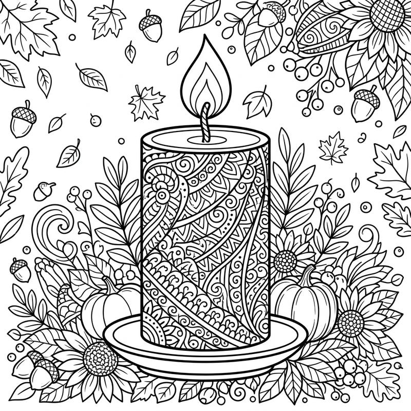 Discover the warmth of autumn with this captivating Zentangle candle coloring page. Immerse yourself in a festive scene adorned with detailed leaves, pumpkins, and a beautifully patterned candle, perfect for a relaxing creative session.