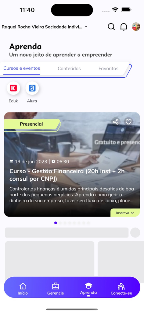 Sebrae - Bildschirm der Sebrae-App mit dem Lernbereich, der Geschäftsverwaltungs- und Finanzkurse für Unternehmer anzeigt