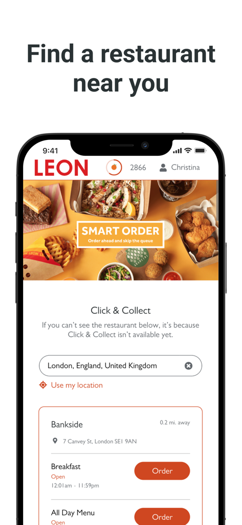 LEON Club: Order & Loyalty - LEON Club app screen showing restaurant locator and smart order feature for click and collect.