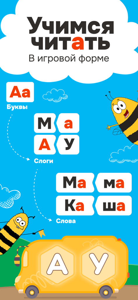 Kidbee Детские Читай Раскраска - Infografica che mostra il processo in tre fasi per imparare lettere, sillabe e parole russe nell'app Kidbee.