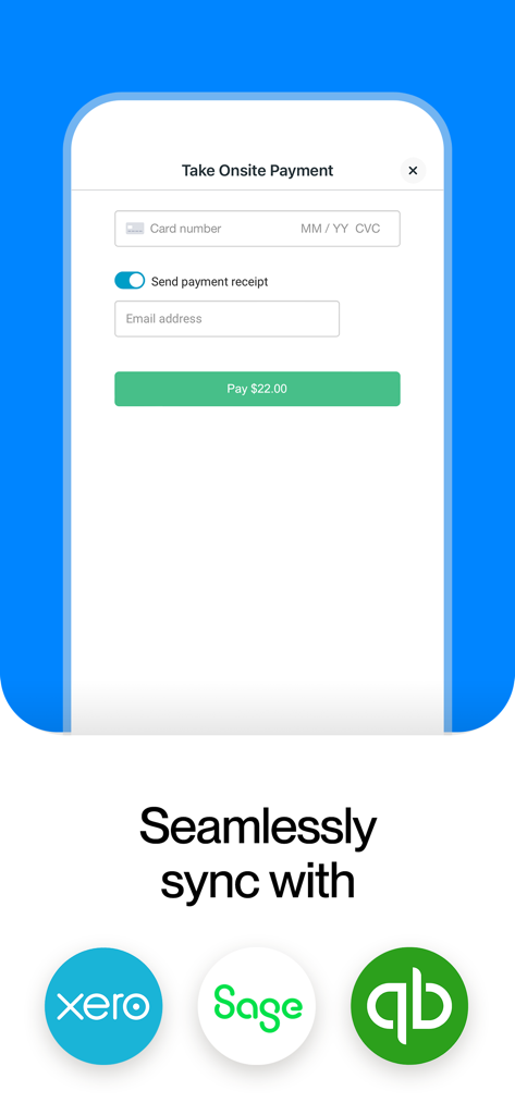 Tradify mobile App zeigt eine Oberfläche zur Zahlung vor Ort und die Integration mit Xero, Sage und QuickBooks