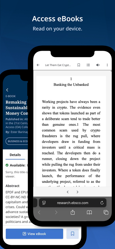 EBSCO Mobile - EBSCO Mobile app interface showing an ebook reader and research article on a smartphone screen