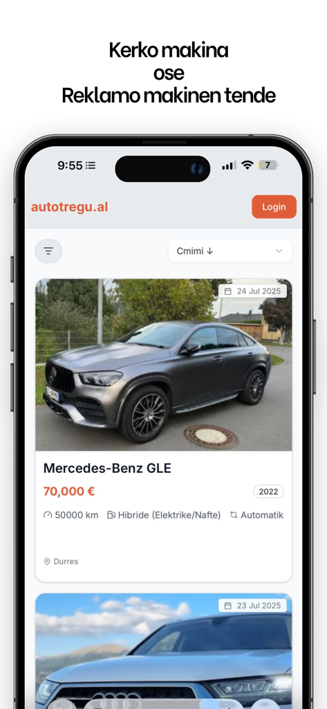 autotregu.al - Mobile app screen showing a luxury car listing in the Albanian automotive marketplace