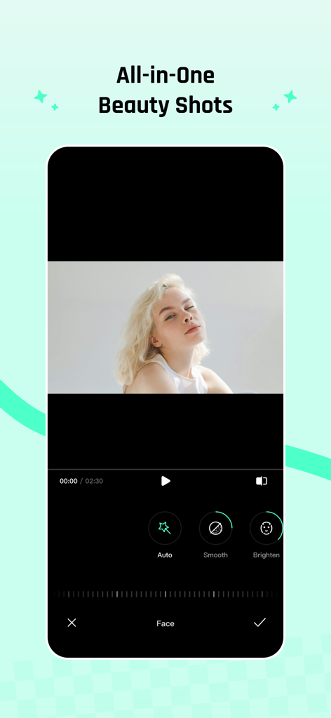 Xtra Tech - Oberfläche der Xtra Tech Mobile App zur Bearbeitung von Beauty-Videos mit Werkzeugen zur Gesichtsglättung und Aufhellung
