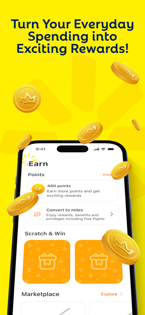 iz - Banking Experience - The iz banking app rewards screen showing earned points and options to convert them into flight miles or scratch and win prizes.
