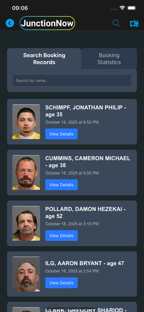 JunctionNow - Searchable list of local booking records and mugshots on the JunctionNow app