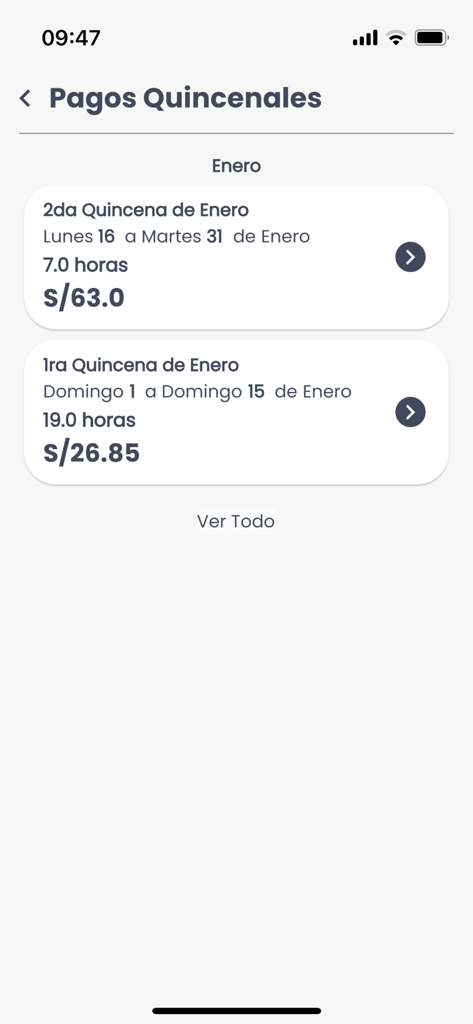 UbyCall - Interface of the UbyCall app showing bi-weekly earnings and total hours worked for the month of January