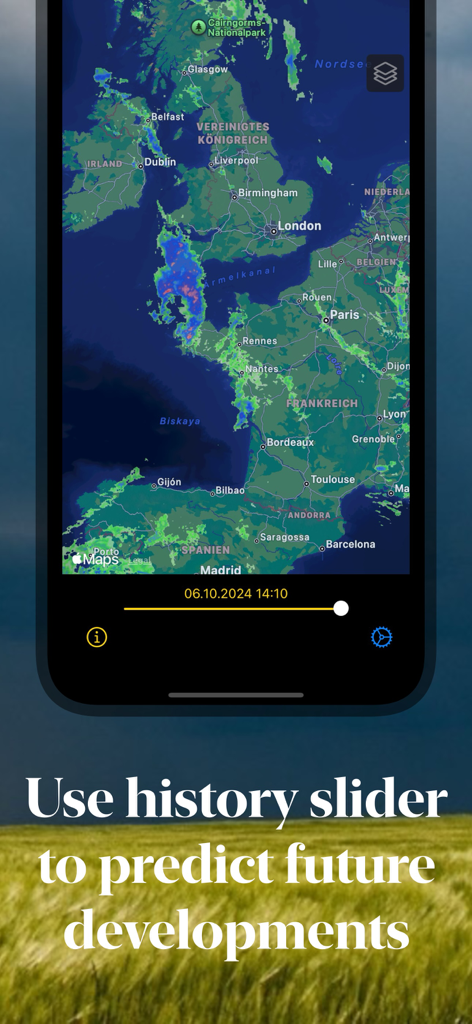 Rain Viewer: Rain Radar Map - Screenshot dell'app Rain Viewer che mostra una mappa radar di pioggia dell'Europa con uno slider della cronologia per prevedere gli sviluppi meteorologici