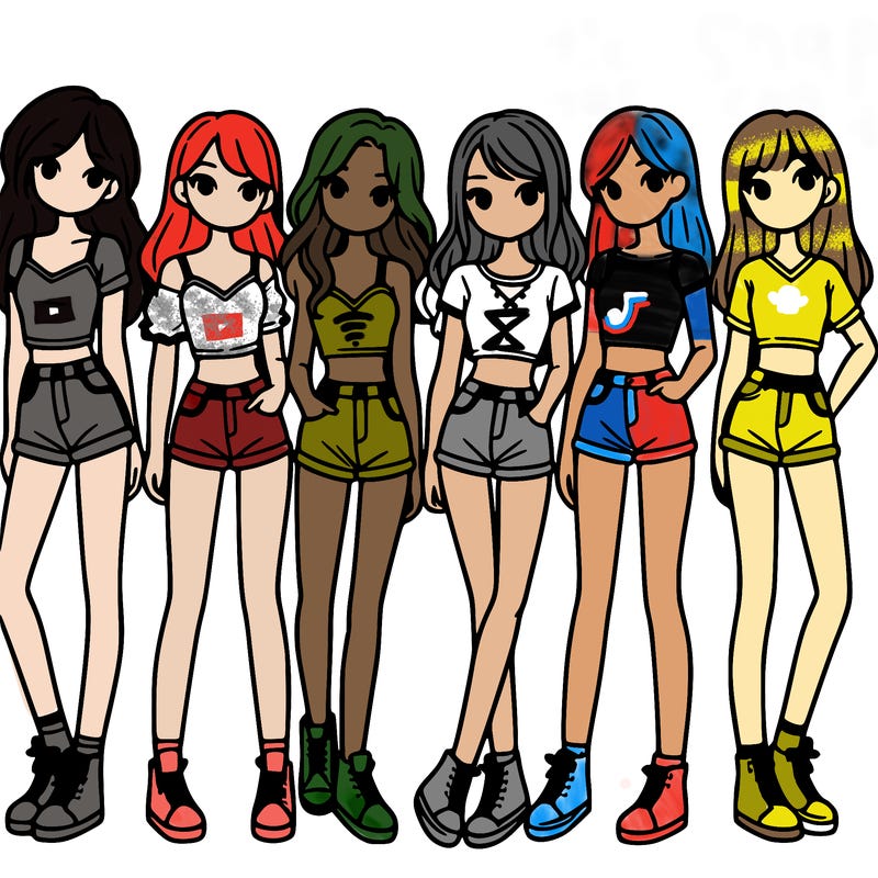 a group of girls wearing crop tops and shorts