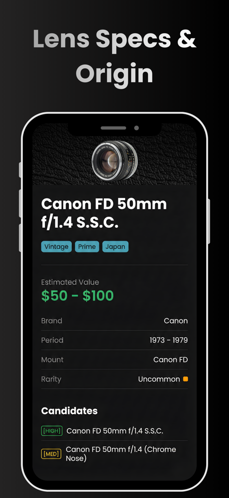 Camera Lens Identifier - Smartphone screen displaying camera lens specifications, estimated market value, and production period for a vintage Canon FD lens.