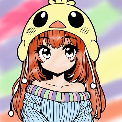 anime girl with chick shaped hat with sweater with bare shoulders with bangs covering them one eye with low tail