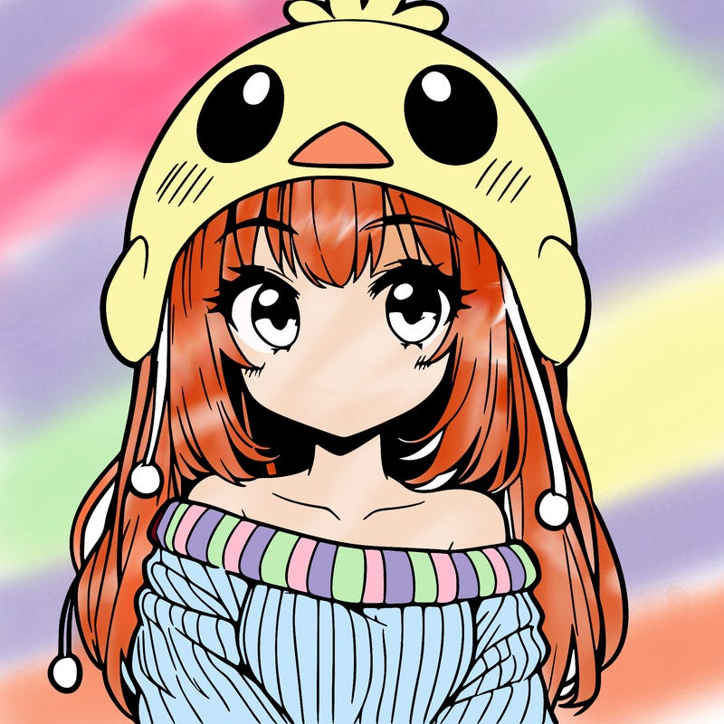 anime girl with chick shaped hat with sweater with bare shoulders with bangs covering them one eye with low tail
