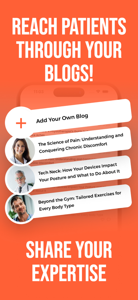 VirtueLife: Physiotherapy - VirtueLife Physiotherapy app screen showing how healthcare professionals can share expertise through blog posts for patient engagement