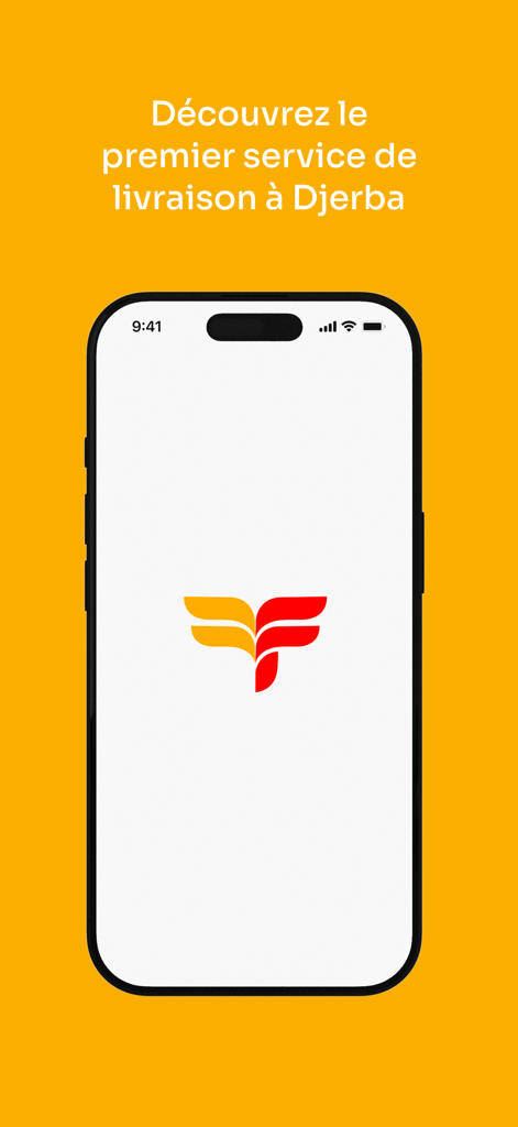 FlyFood - FlyFood mobile app splash screen featuring the logo on a smartphone and delivery service text for Djerba