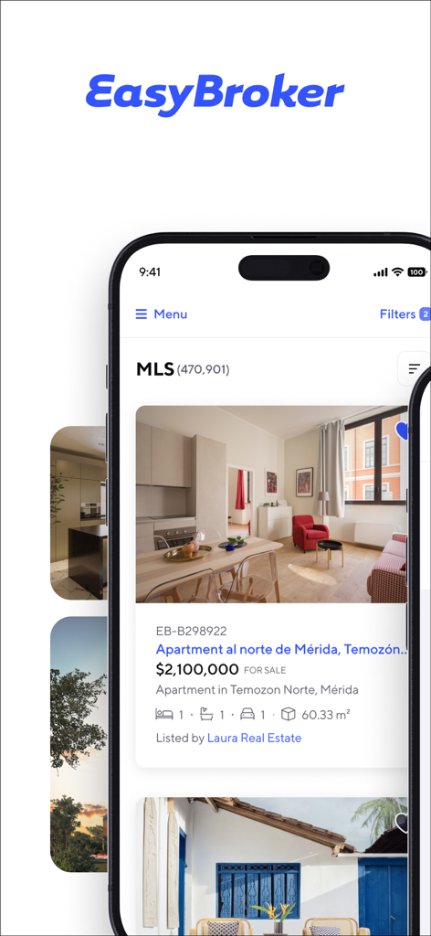 EasyBroker mobile app interface showing a real estate property listing with price and details