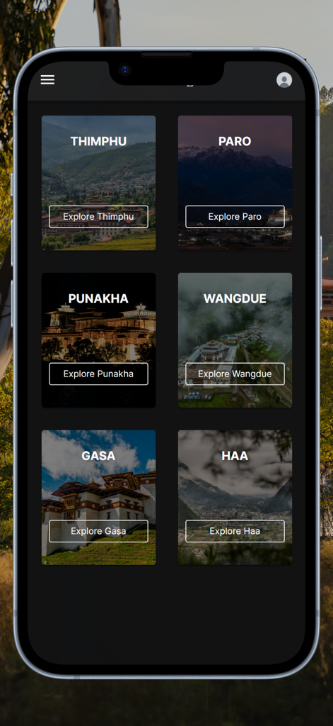 ブータン観光モバイルアプリのスクリーンショット。ティンプー、パロ、プナカなどの地域が美しい風景写真とともに表示されています。