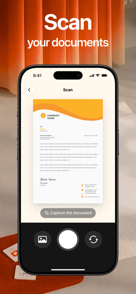 Lens - PDF Scanner and Editor - ビジネスレターヘッドのドキュメントをスキャンするLensアプリが表示されたiPhone画面