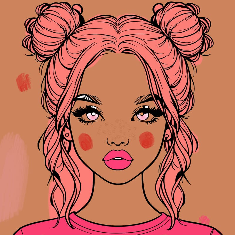 realistic girl with two buns in hair and lips
