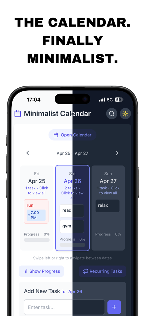 The Minimalist Calendar - The Minimalist Calendar app interface showing light and dark mode with a 3-day task view.