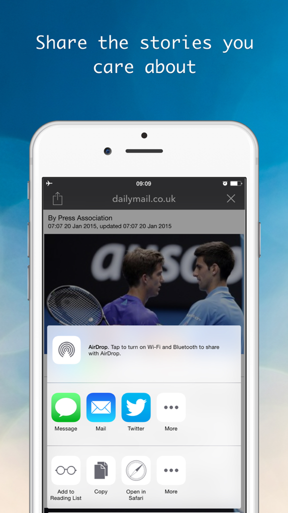 Newsmeter: Latest and Breaking News Feed Reader from Cnn,NY Times,Huffington Post,Buzzfeed&more - iPhone screen showing the Newsmeter app sharing menu for a news article with options like Message Mail and Twitter