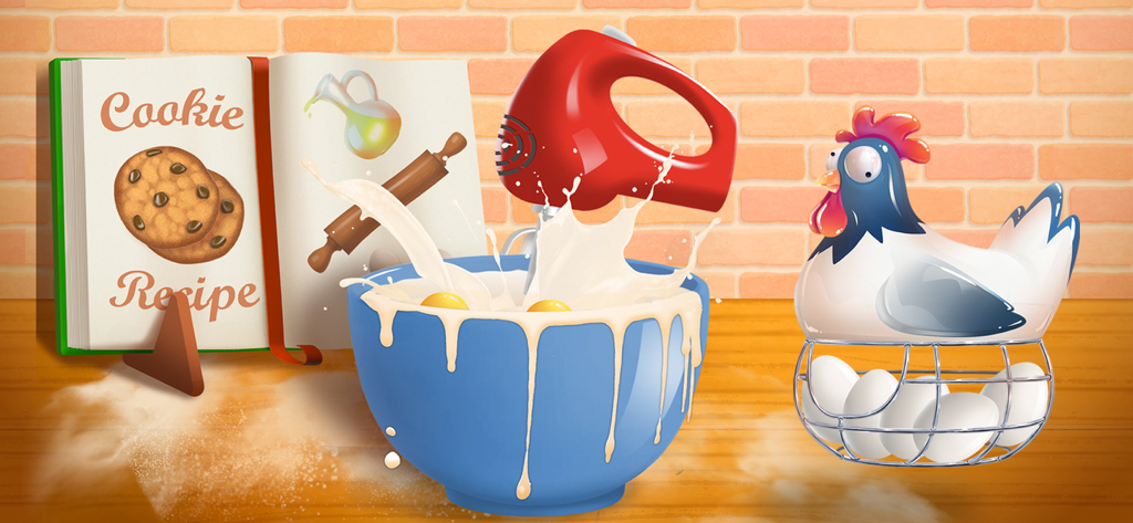 Cartoon illustration of a blue mixing bowl with a red hand mixer and cookie recipe book