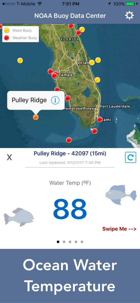 Eine mobile App-Oberfläche, die die Meerwassertemperatur und NOAA-Bojenstandorte auf einer Karte von Florida zeigt