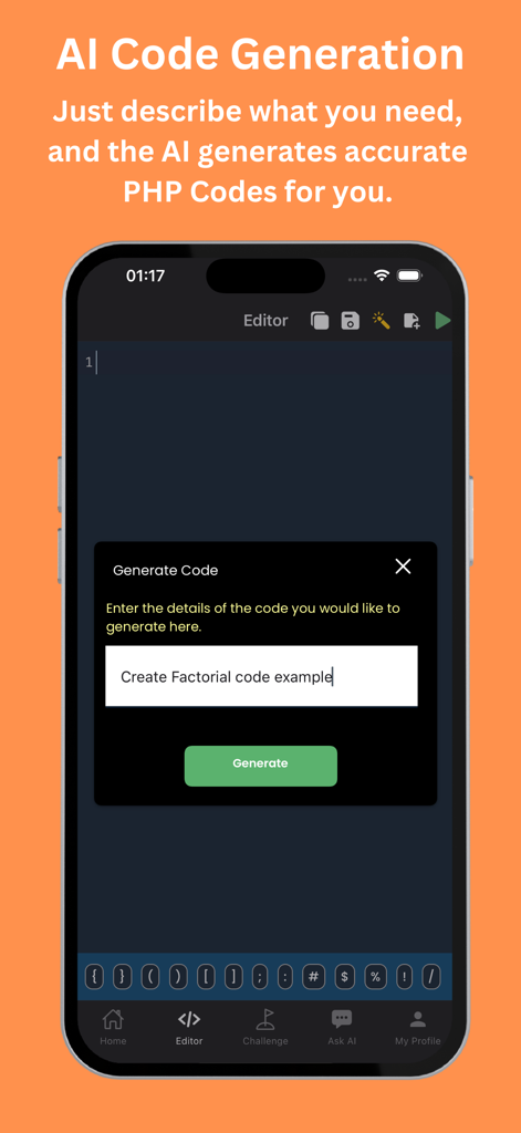 Learn PHP - PHP Editor/IDE - Learn PHPモバイルアプリインターフェイスのAIコード生成機能。