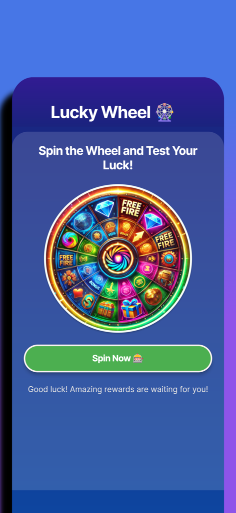 Diamonds Explorer For Freefire - Lucky Wheel feature in Diamonds Explorer for Freefire app showing a spin wheel and rewards