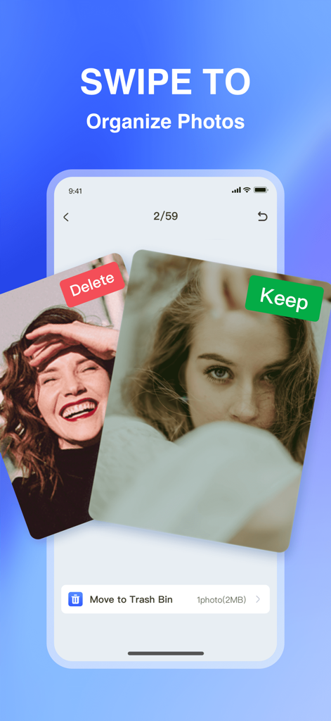 AI Cleaner-Clean Storage Space - AI Cleaner app interface showing swipe to delete or keep photos functionality