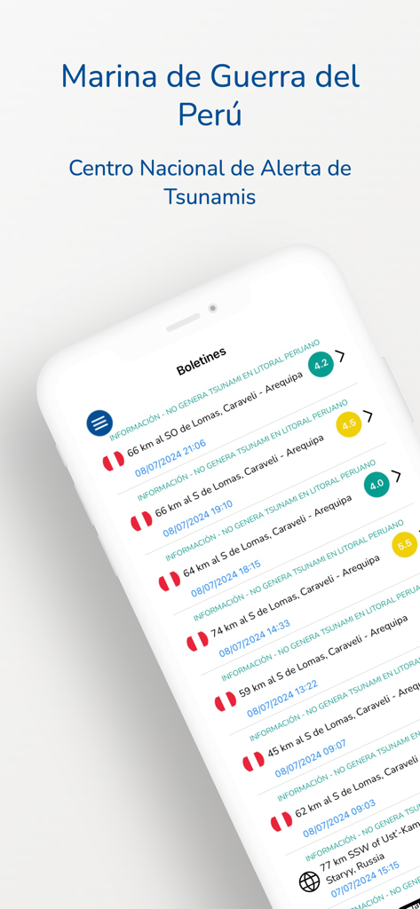 MGP Tsunamis - A mobile phone screen displaying a list of official seismic bulletins from the Peruvian Navy National Tsunami Warning Center