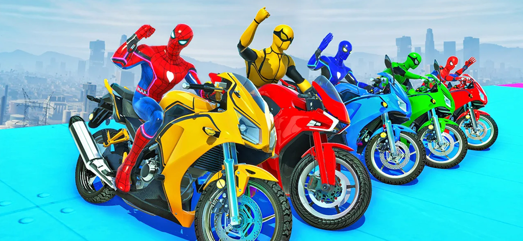 Multi-colored superhero characters on sports motorcycles ready for stunts on a high altitude ramp