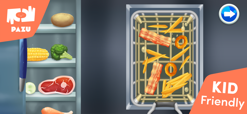 Paw Kitchen Kids Cooking Games - Kids cooking game screenshot showing a refrigerator and food frying in a basket