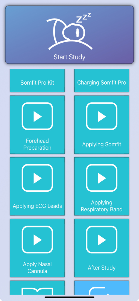 Somfit - Somfit app interface showing instructional video guides for medical sensor application and a start study button