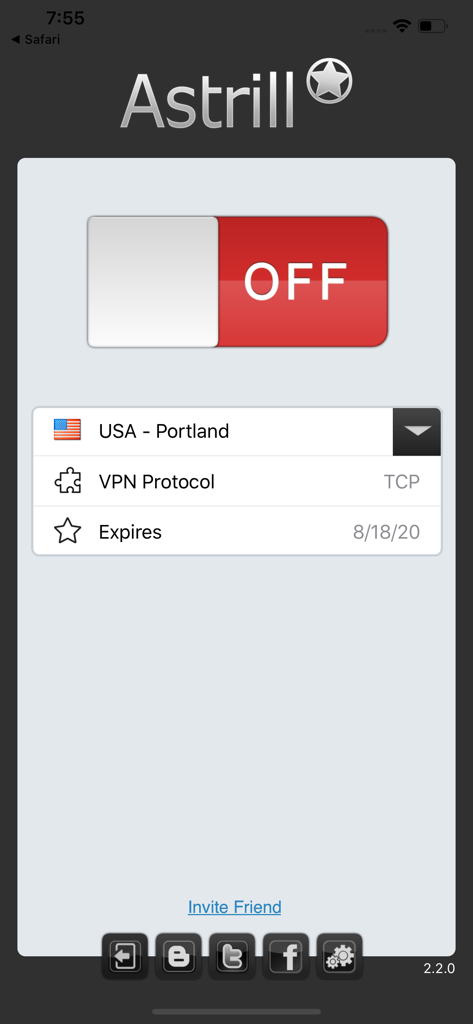 Astrill VPN Client - Interfaz principal de la aplicación Astrill VPN que muestra el interruptor de conexión y la selección del servidor.