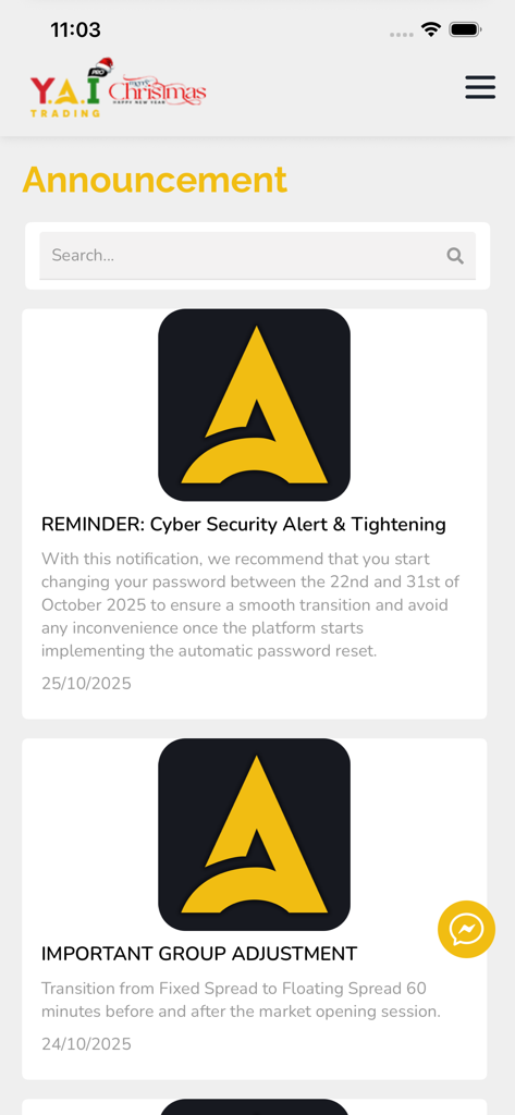Pantalla de anuncios de la aplicación YAI Trading Pro que muestra alertas de ciberseguridad y actualizaciones de trading