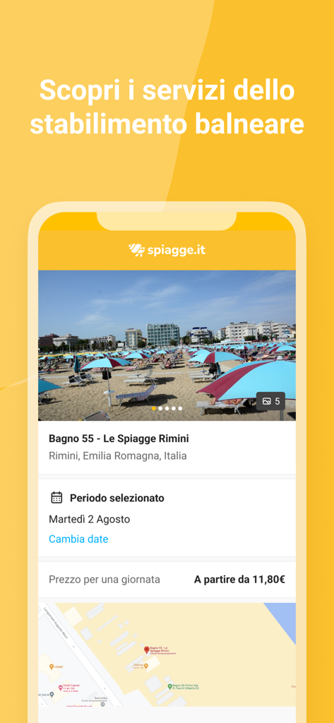 Schermata dell'app mobile che mostra i dettagli di prenotazione per uno stabilimento balneare a Rimini con foto e prezzi.