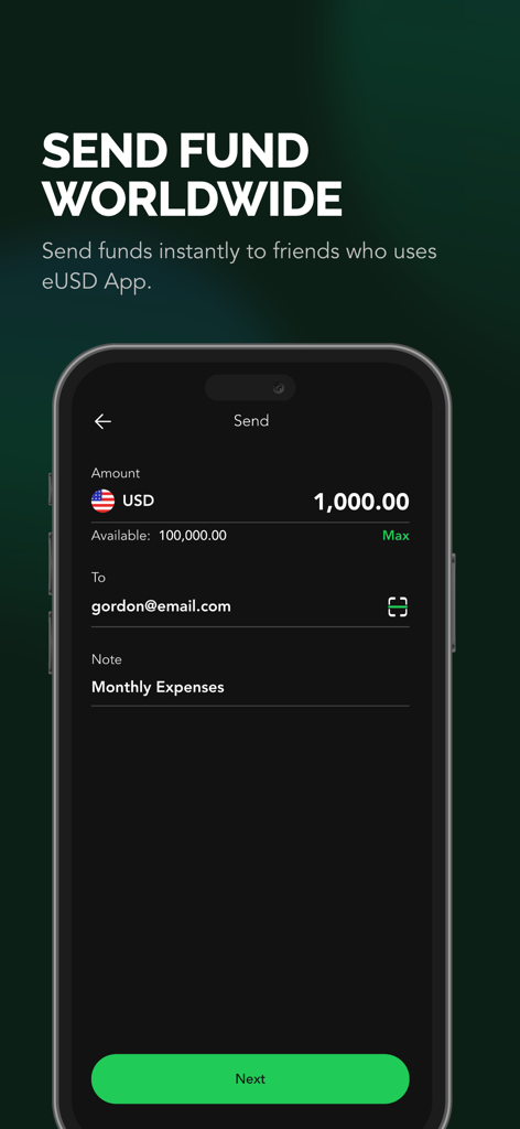 eUSD Card - Mobilbildschirm mit der eUSD Card App-Oberfläche zum weltweiten Senden von Geldern.