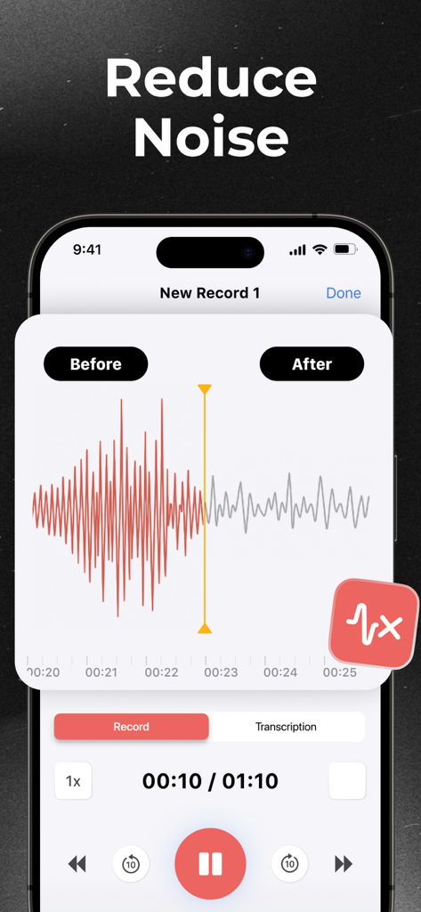 A smartphone screen displaying the noise reduction feature of a voice recorder app showing a comparison of audio waveforms before and after denoising.