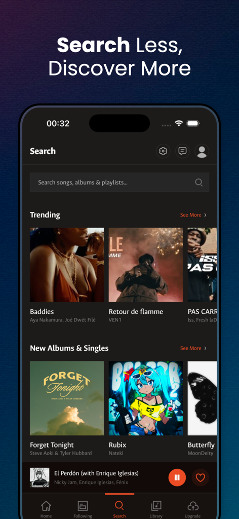 Music Player - Videos , Songs - Search screen of the Music Player app featuring trending songs and new releases on a dark minimalist interface